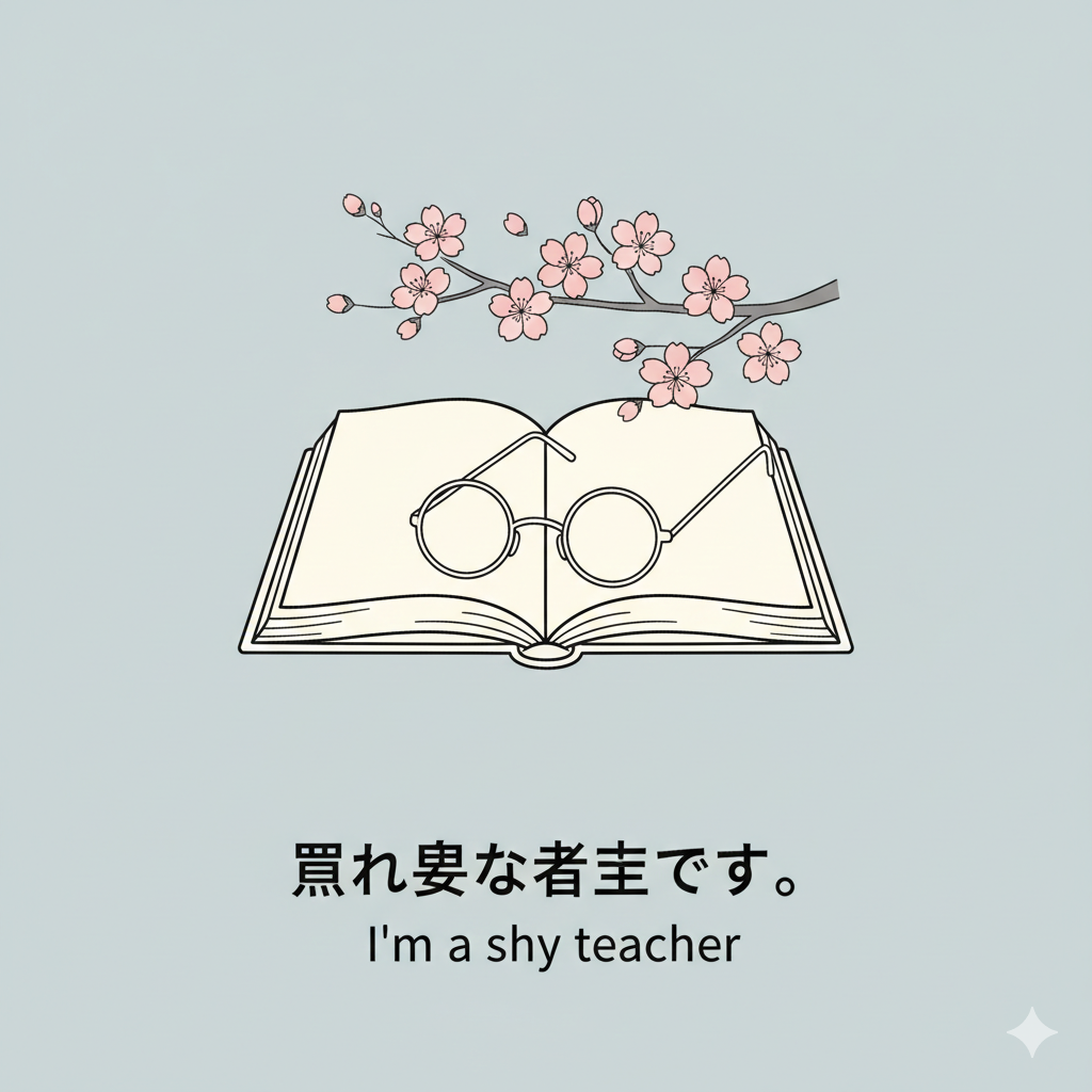 Profile placeholder for an English teacher with an illustration of a book and the text 'I am a shy teacher' in Japanese.